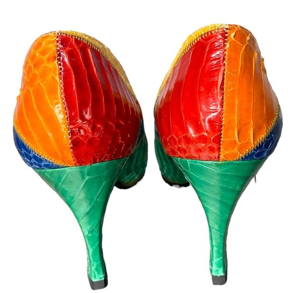 Vintage 80s Multicolor Snake Skin Pointed Toe Pumps 6 - Picture 5 of 11